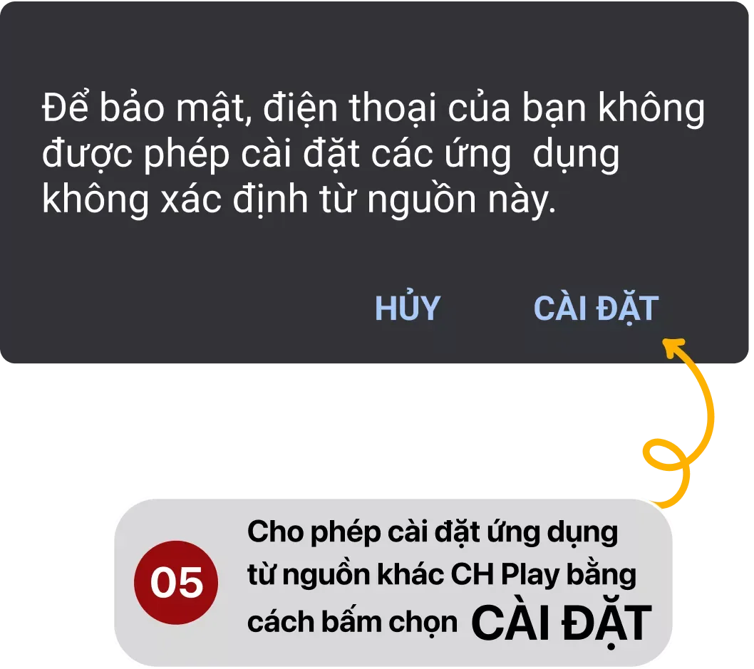 Bước 5: Cho phép cài đặt từ nguồn khác CH Play, bấm “Cài đặt”.